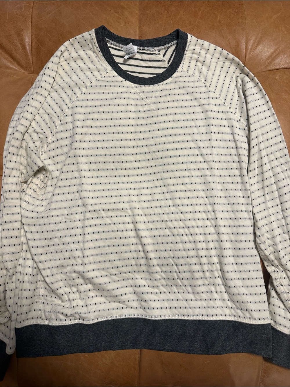 Marine Layer Cream and Charcoal Striped Crewneck Reversible Sweatshirt
